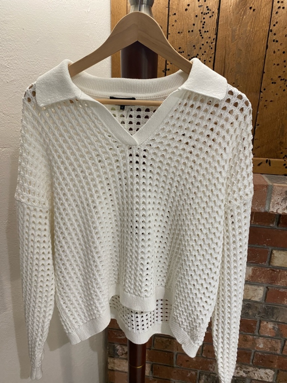1. State White Open-Weave V-Neck Collared Sweater